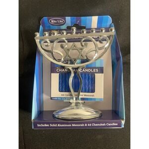 Rite Lite Mini Aluminum Menorah with 44 Blue Chanukah Candles Star of David